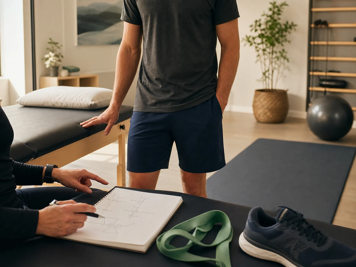 Movement assessment in a warm rehab clinic with a notebook, resistance band, and training shoe on a treatment table