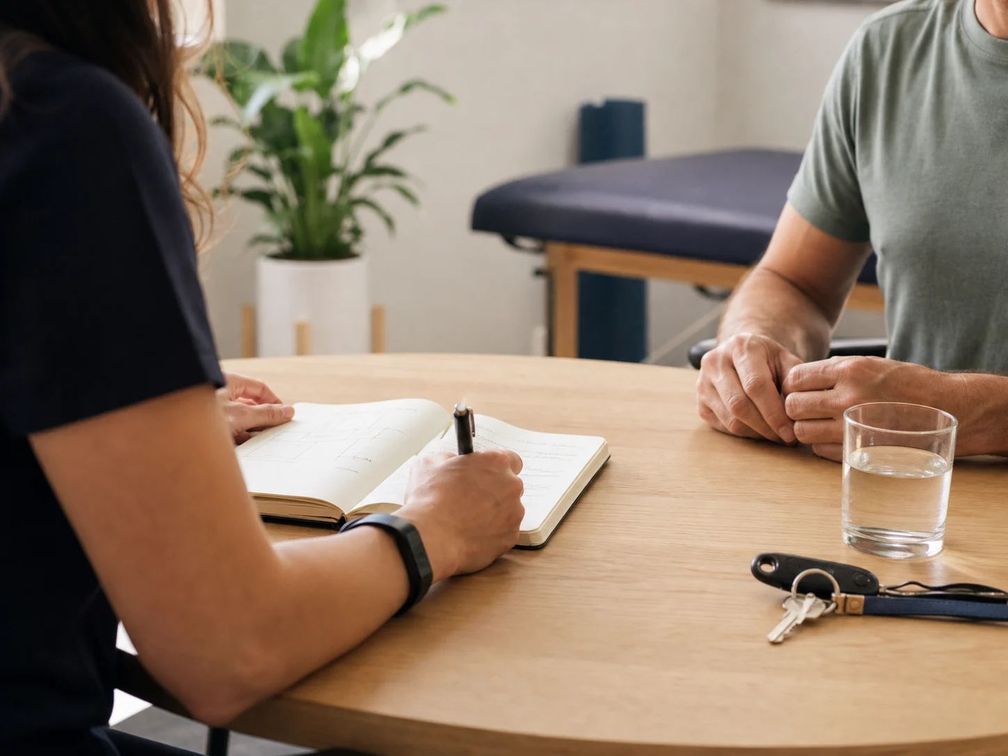 Collaborative clinic conversation with an open notebook, water glass, and keys on a wood table