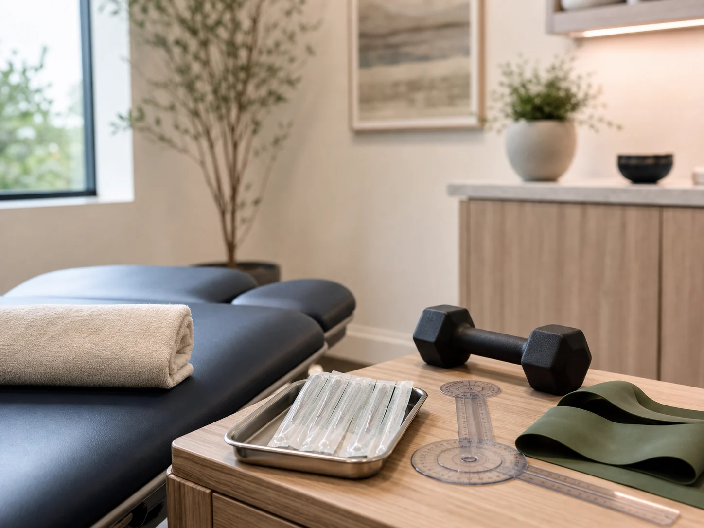 Treatment table with folded towel, acupuncture supplies, movement assessment tools, resistance band, and dumbbell