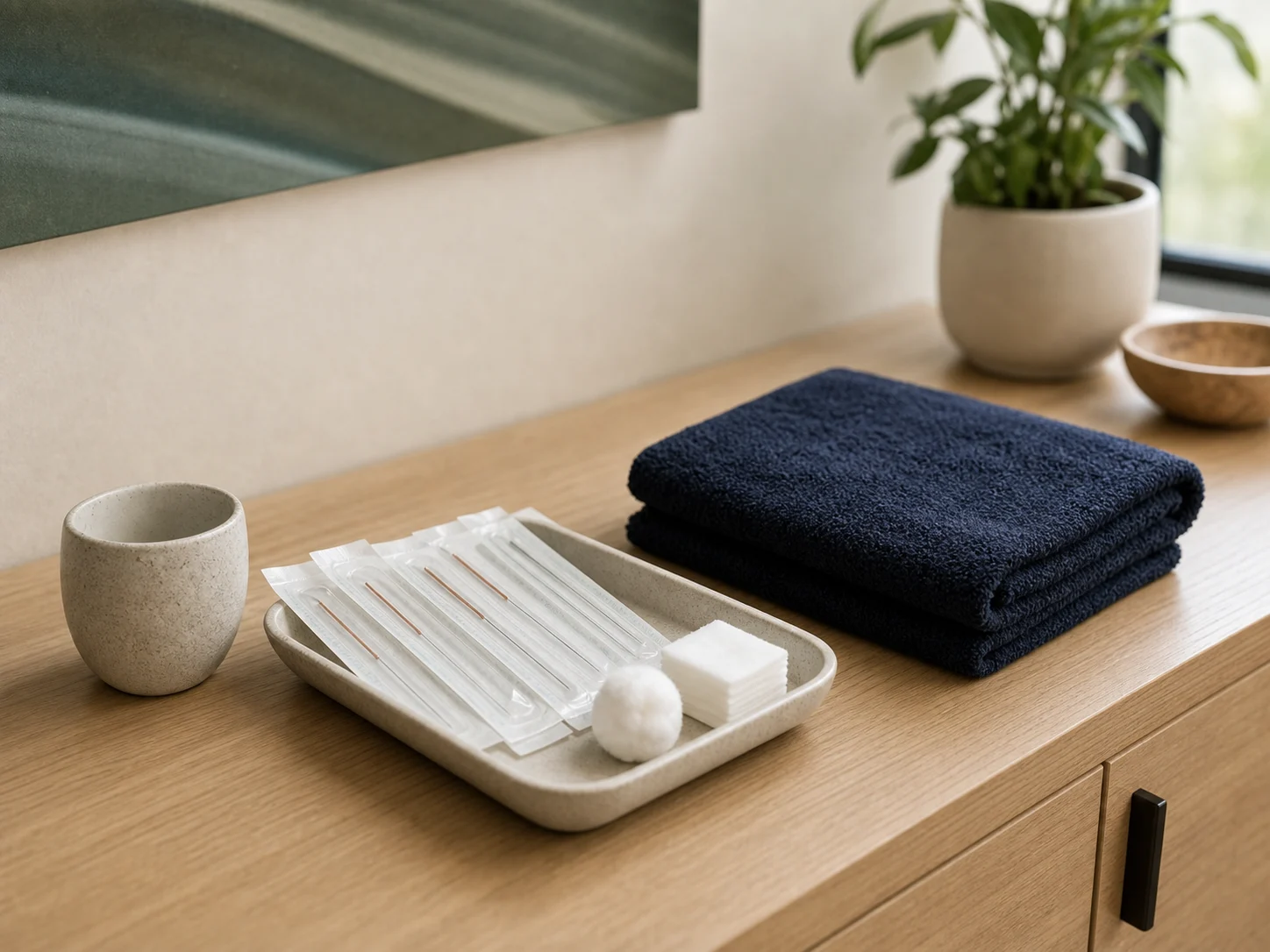 Sterile acupuncture supplies, navy towel, cotton, and ceramic cup arranged on a light wood counter