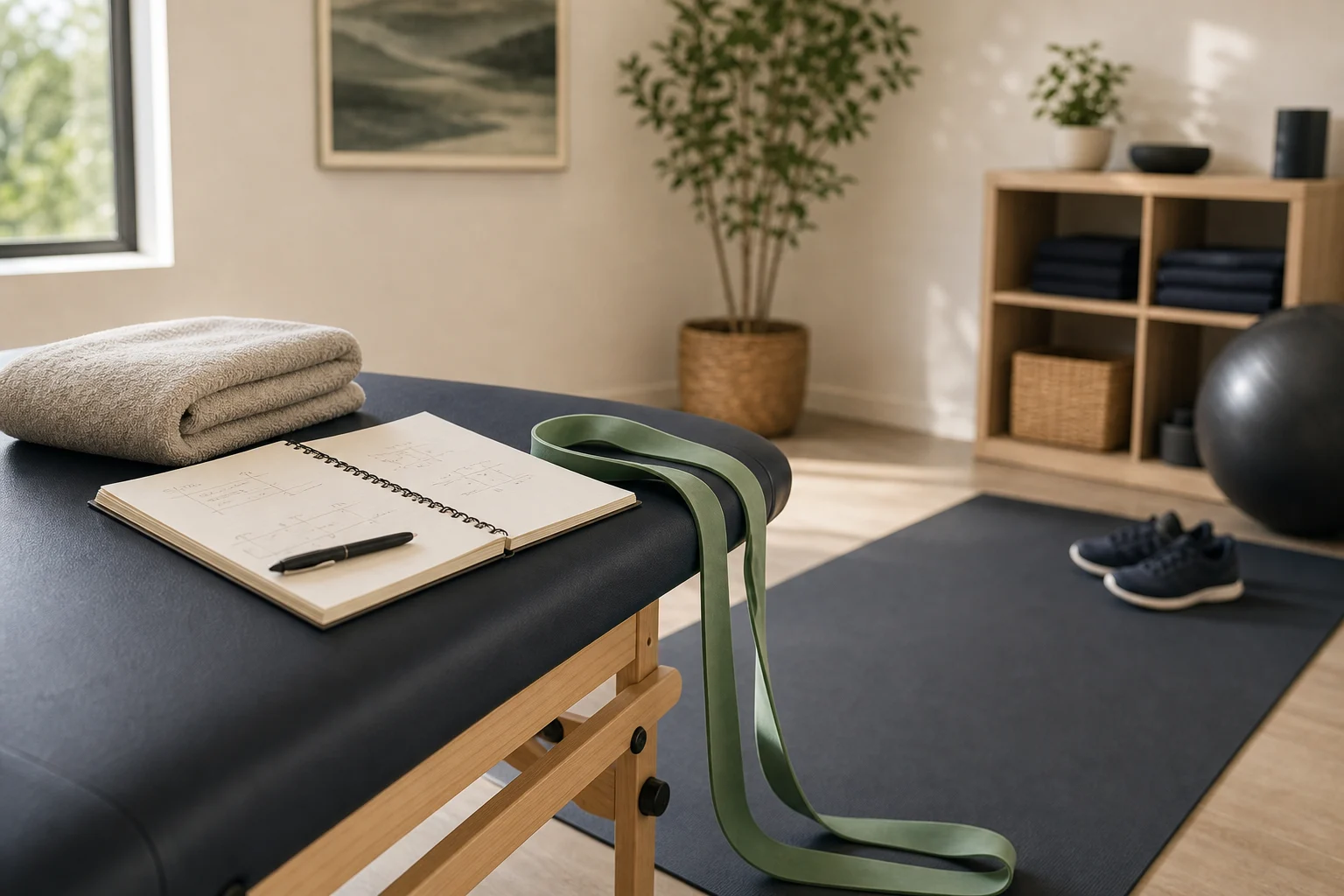 Treatment table, resistance band, notebook, mat, and training shoes in a warm rehab clinic