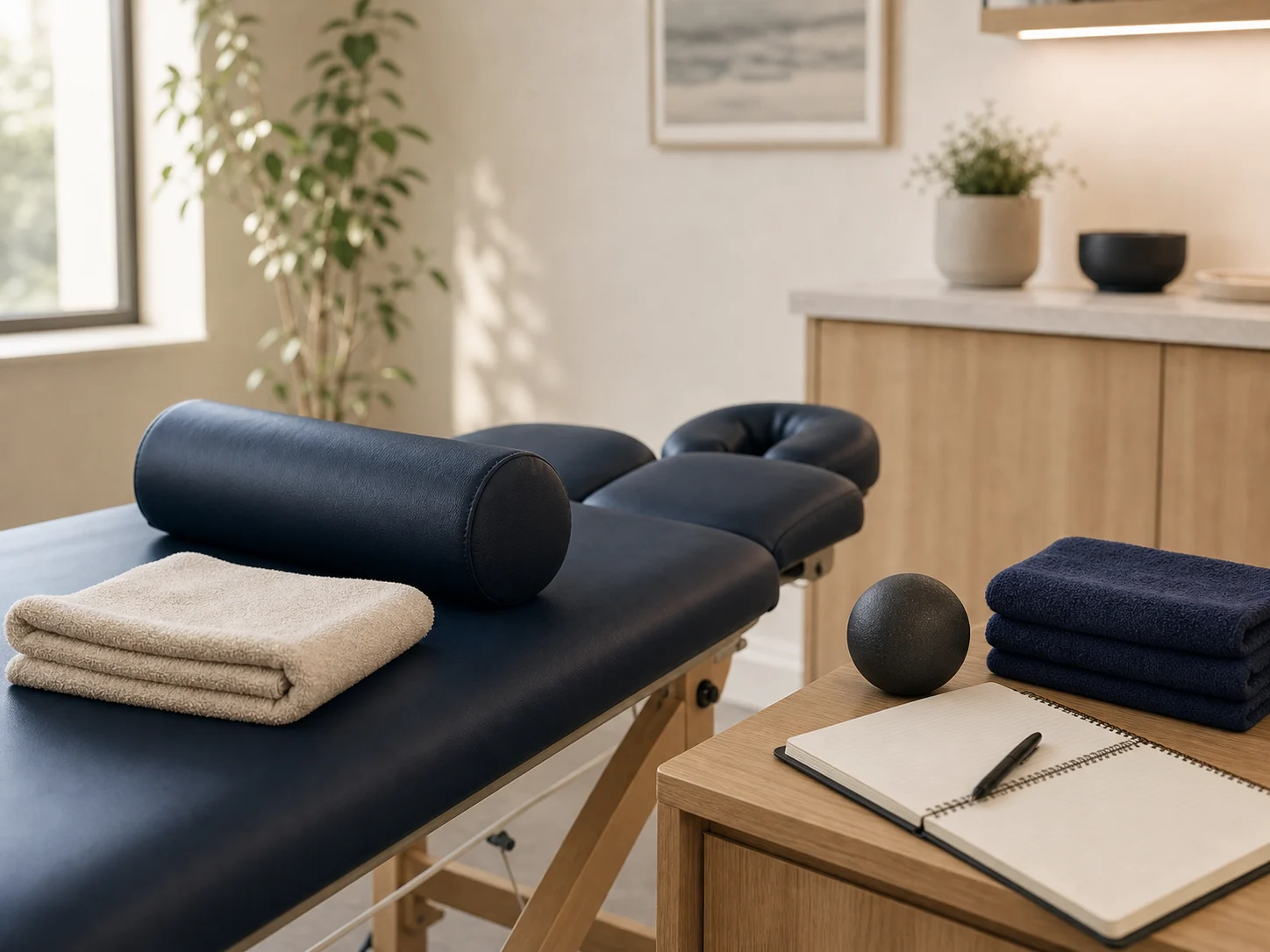 Massage therapy table setup with bolsters, folded towel, mobility ball, and clinic notebook