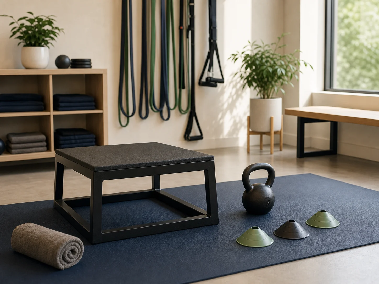 Organized performance training studio with bands, kettlebell, low box, markers, and navy mat