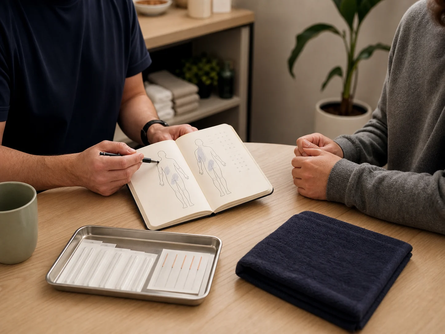 Acupuncture treatment planning conversation with a notebook and sterile supplies nearby