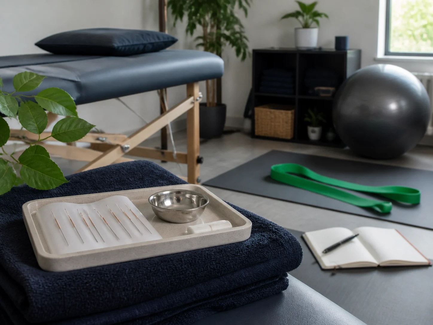 Acupuncture tray, folded towel, resistance band, and notebook in a modern rehab clinic
