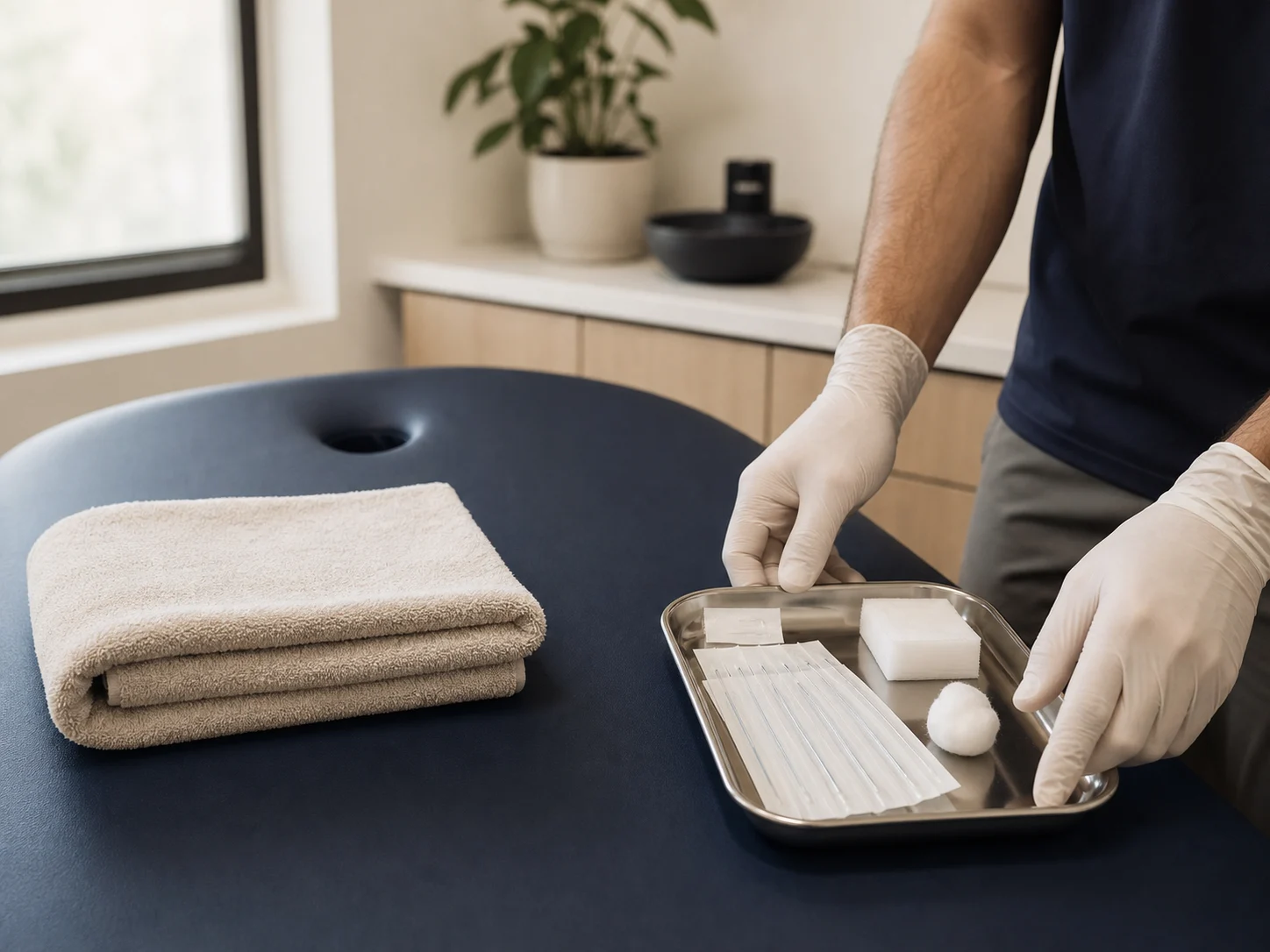 Sterile acupuncture supplies prepared on a tray beside a clinic treatment table