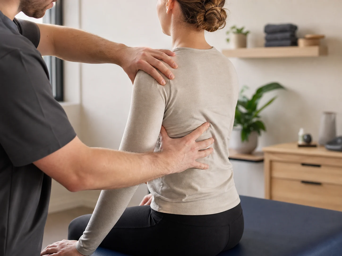 Massage therapy assessment of shoulder and upper back position in a warm clinic room