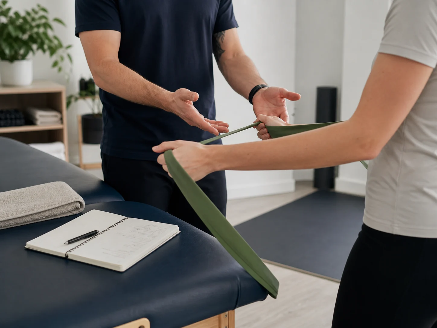 Clinician demonstrating a resistance band movement drill beside a massage therapy table
