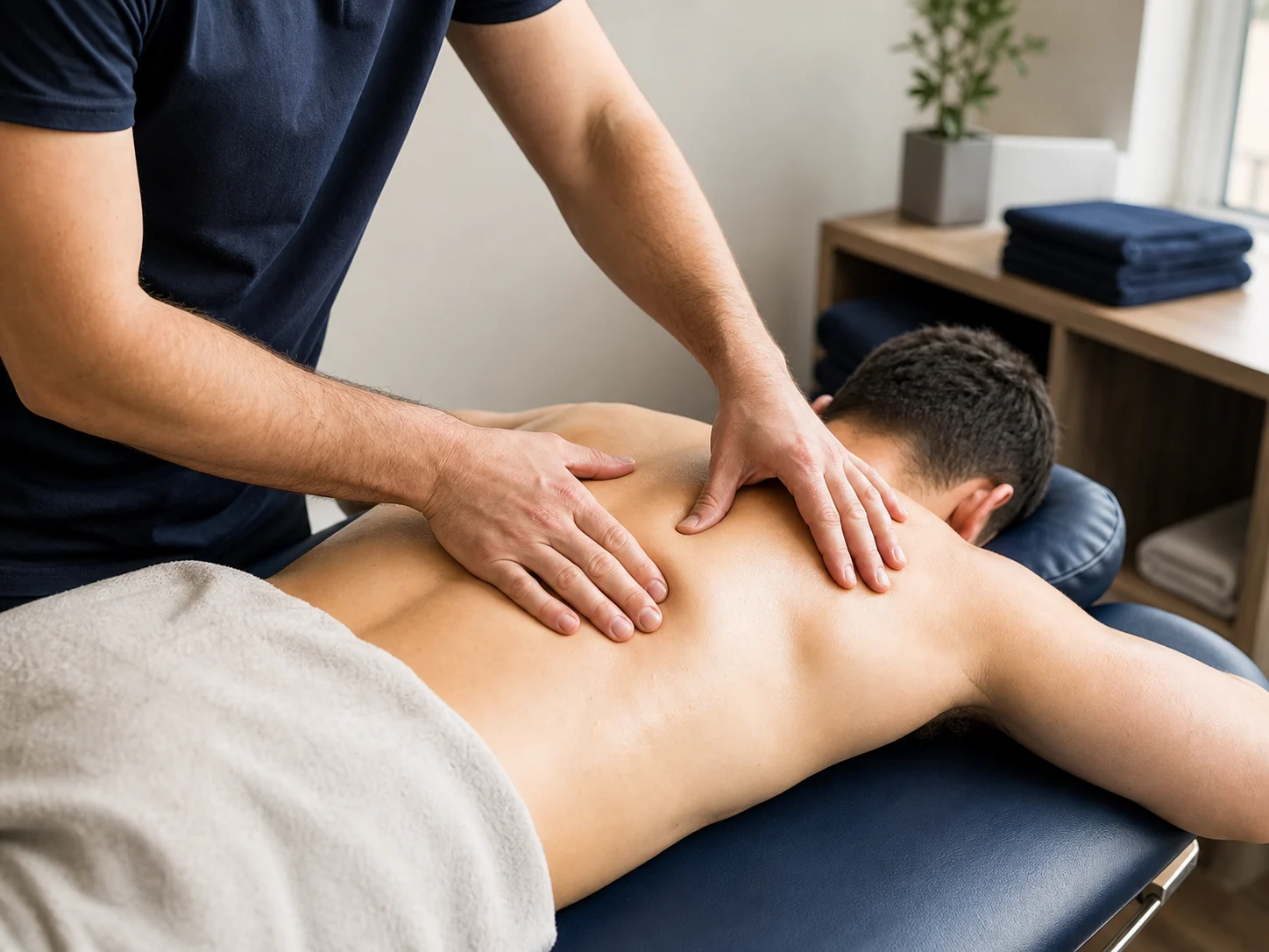 Professional massage therapy treatment for upper back and shoulder tension on a clinic table