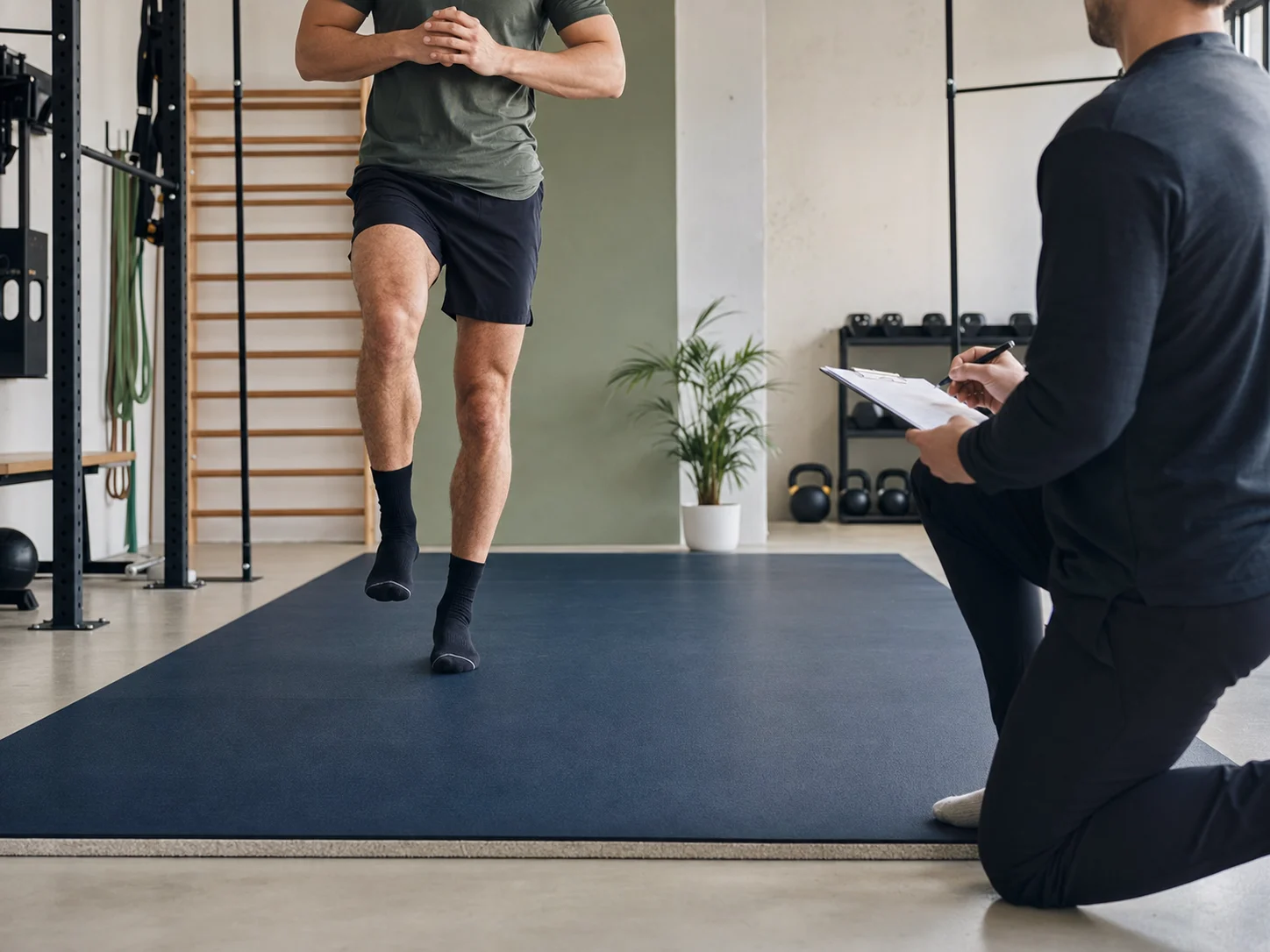 Rehab-informed movement assessment with a client balancing on one leg in a clean training studio