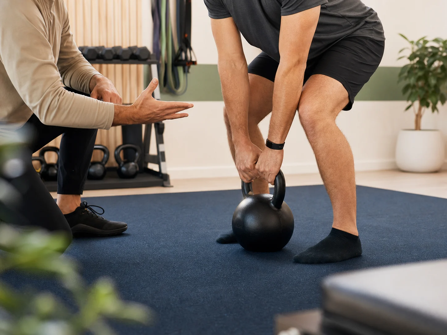 Coach guiding a controlled kettlebell strength movement in a modern training studio