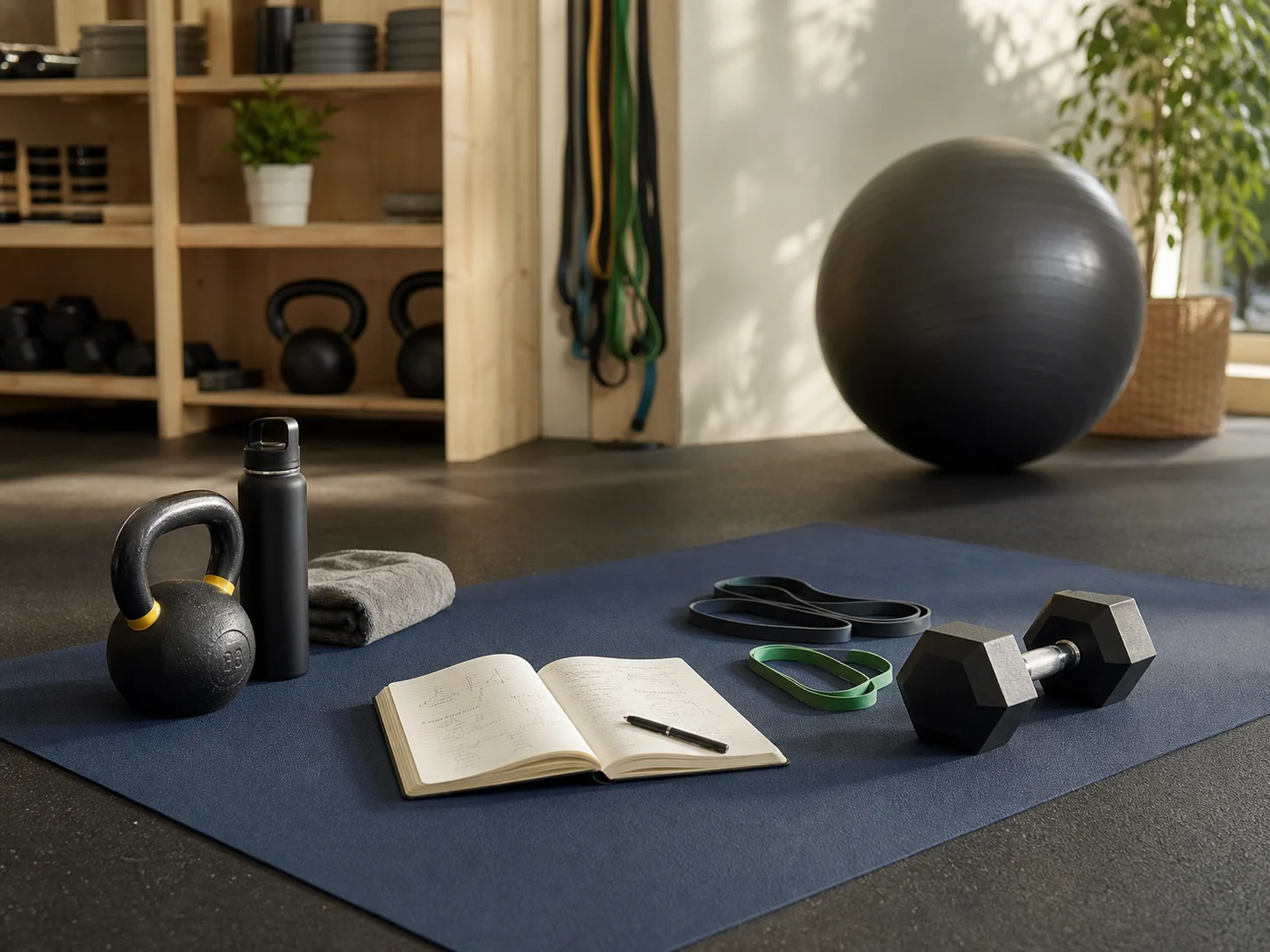 Kettlebell, dumbbells, resistance bands, and training notebook arranged on a navy mat